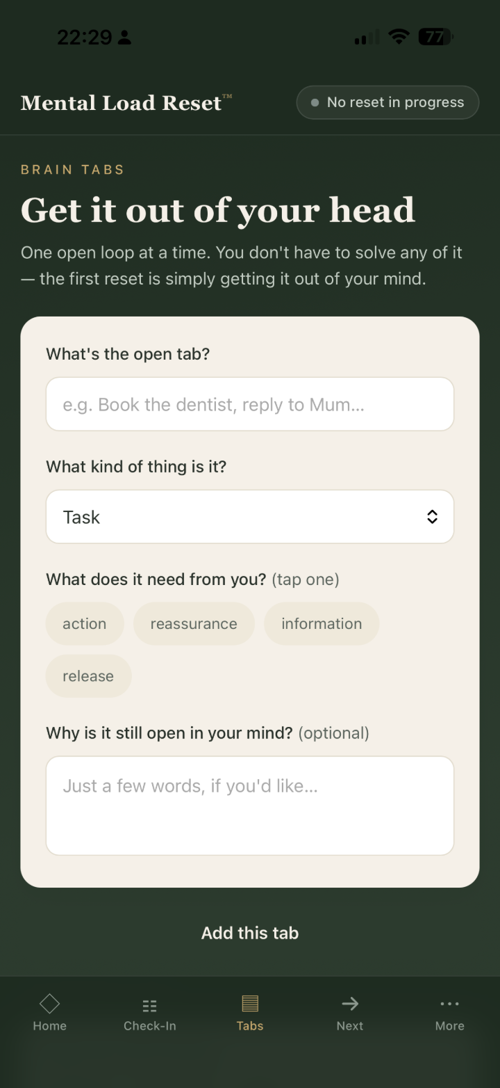 Brain Tabs in Mental Load Reset™ — an open loop being captured and sorted into what's mine to carry